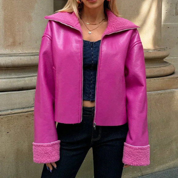 Hot Pink Casual Women's Thermal Lined Cropped Jacket - Picture 6 of 8